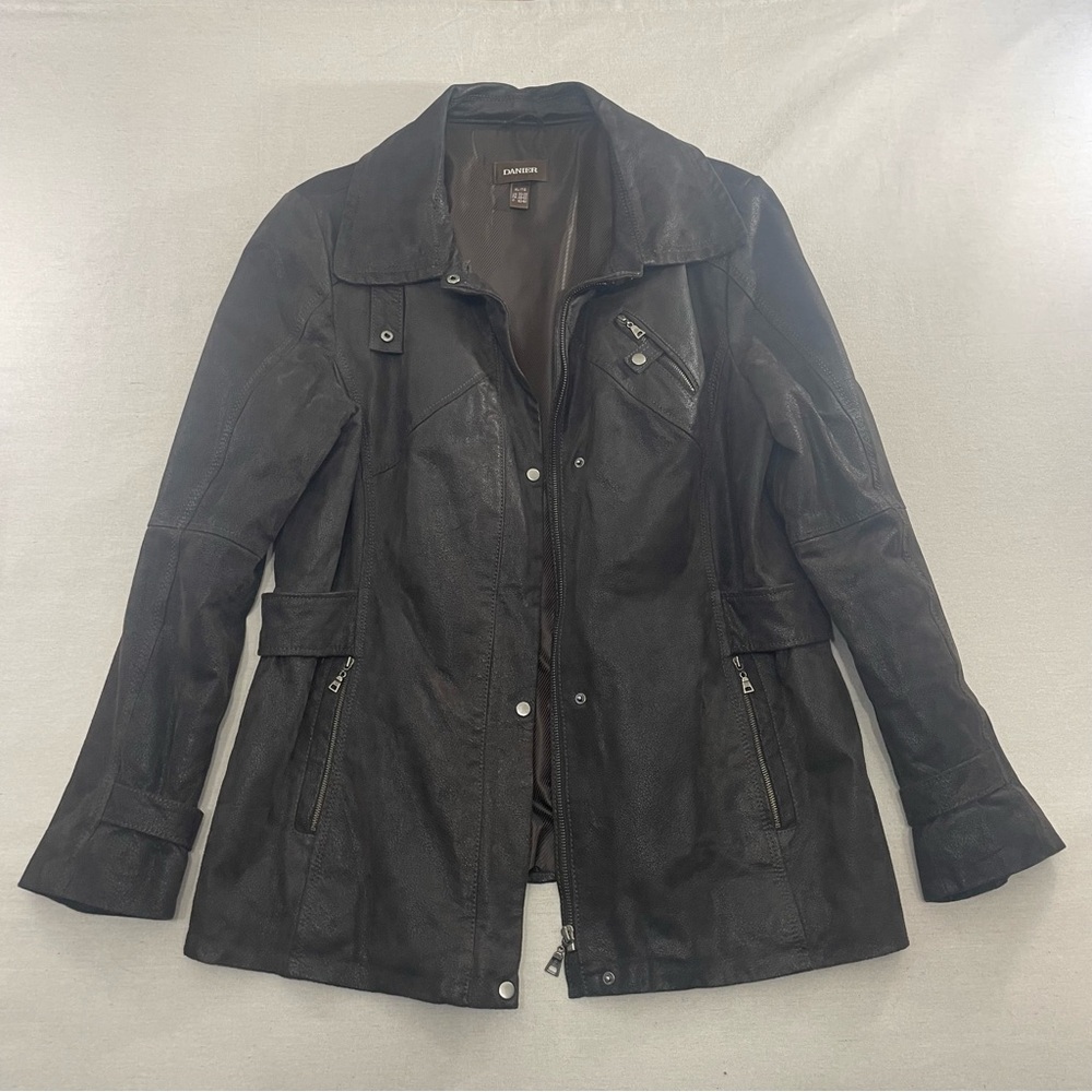Danier Leather Jacket Biker Military Hybrid Brown Women Sz XL Café Racer Retro